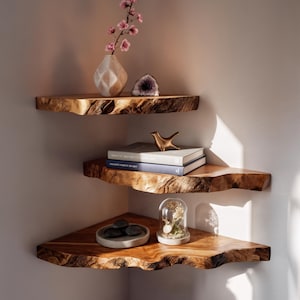 Solid Wood Live Edge Decorations Corner Wall Shelf -corner Floating ...