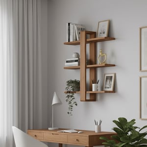 May include: A wooden wall-mounted shelving unit with several shelves, displaying books, framed pictures, and ornaments. The shelves are light brown and fixed to a white wall. A desk with a lamp and chair are in the foreground.