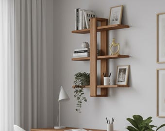 Modern Wooden Wall Shelf - Asymmetric Floating Display Rack - Handmade Floting 3-Tier Shelf-Minimalist Storage Decor for Living Room  Office