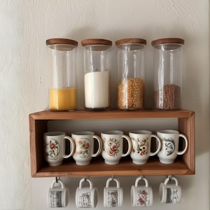 Coffee Tea Mug Storage - Wall Mounted Coffee Tea Cup Holder - Wooden Bathroom Towel Rack With Shelf -  Bathroom and Kitchen  Shelf Organizer