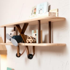 Airplane Wall Shelf - Toddler Wall Mounted Shelves - Hot Air Balloon Nursery Decor - Wooden Kids Floating Shelves -Hanging Nursery Bookshelf