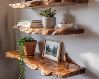 Floating Edge Walnuss Regal - Handgefertigtes Live Edge Holz Wandregal - Massivholz Regale - Naturholz Wandregal für Vase oder Dekor