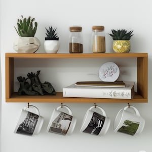 Coffee Tea Mug Storage - Wall Mounted Coffee Tea Cup Holder - Wooden Bathroom Towel Rack With Shelf -  Bathroom and Kitchen  Shelf Organizer