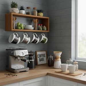 May include: A kitchen coffee bar setup with a stainless steel espresso machine, coffee grinder, and mugs hanging from a wooden shelf. The sign reads "COFFEE BAR". Various coffee-making accessories are also present.