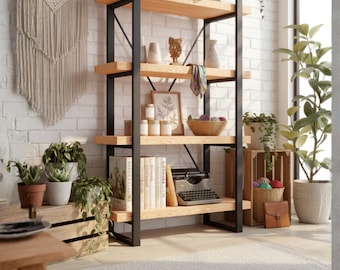 無垢材エタジェール本棚 - モダンな本棚と棚ユニット - ファームハウス本棚 - Timber X、金属製ラック付き工業用木製本棚