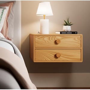 Wooden Double Drawer Wall Mounted Nightstand - Solid Wood Bedside Table with Shelf - Drawer Nightstand - Wall Nightstand - Modern Furniture