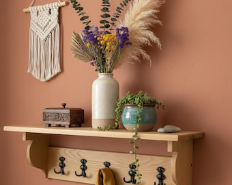 Solid wood oak coat hooks - Rustic Wooden Wall Shelf and Coat Rack – Entryway, Foyer, and Hallway Organizer - Farmhouse Organizer with Hooks