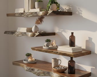 Rustic Live Edge Shelf - Wooden Floating Shelves - Live Edge Floating Shelf Made From Solid Wood - Walnut Shelf for Bathroom Kitchen Living