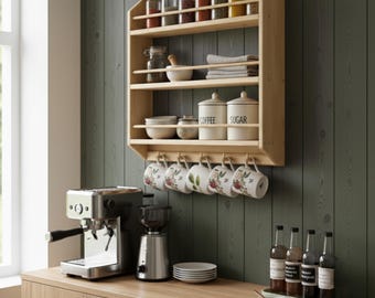 Suporte de madeira para canecas de café - Suporte para xícaras de café com ganchos para pendurar - Organizador de cozinha - Prateleira de parede rústica com - Organizador de cafeteria estilo fazenda
