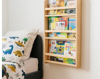 Natural Pine Montessori Wall Bookshelf - Wall Mounted 3 Shelves Space Saver Kids Bookshelf - Montessori Kid's Room Decor - Nursery Bookcase