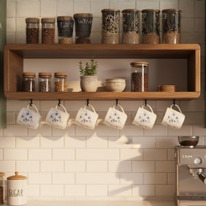 May include: A wooden kitchen shelf with various glass jars containing spices and coffee beans. Below, white mugs with blue floral designs hang from hooks. A small potted plant and a sugar container are also visible.