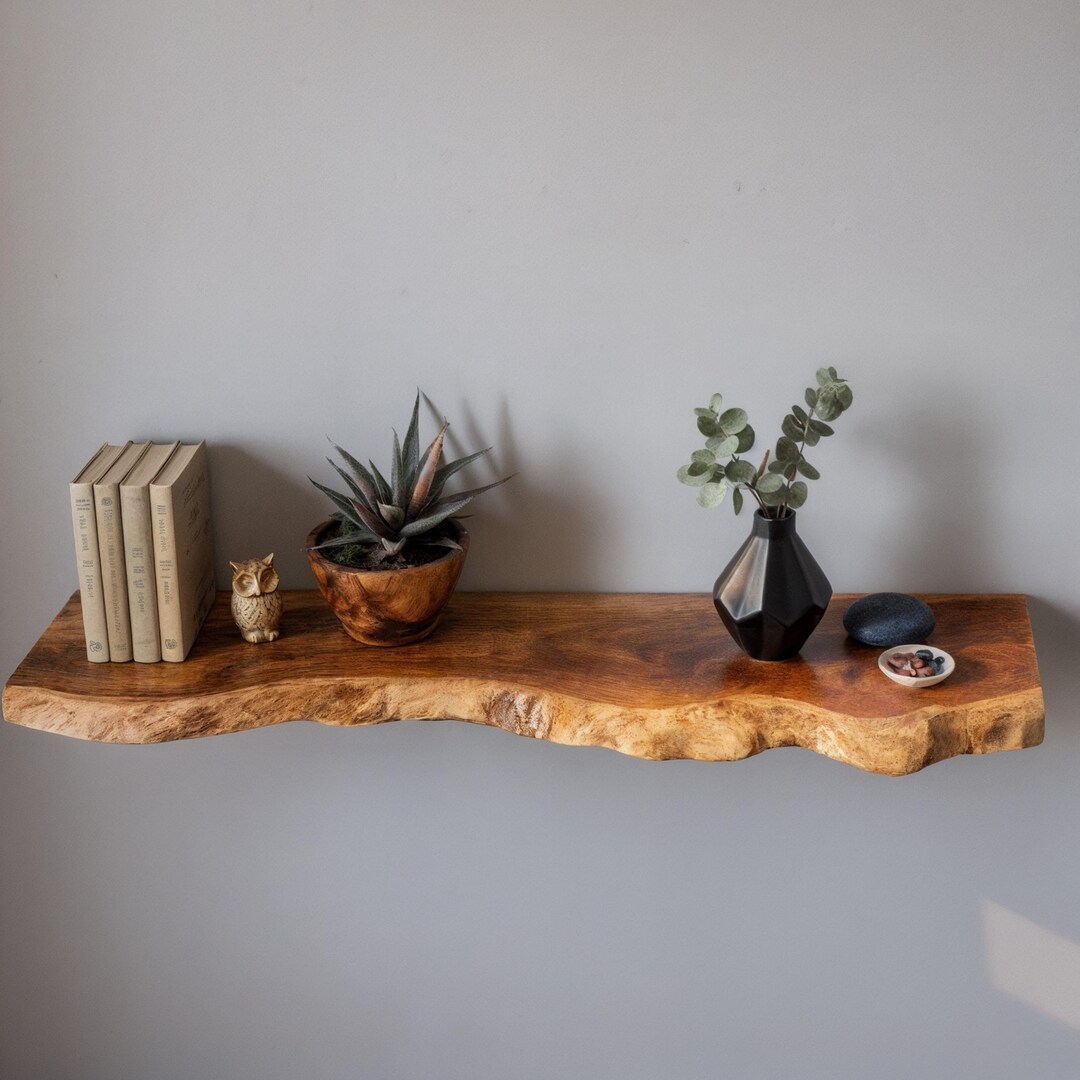Handmade Live Edge Floating Oak Shelf - Rustic Floating Wall Decor for ...