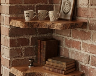 Live Edge Walnoot zwevende plank - Handgemaakte Live Edge hoekplank muur - rustieke houten wanddecor - massief houten rustiek - hoek boekenplank