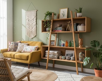 Skandinavisches Massivholz Bücherregal - Holz Bücherregal - Mid-Century Bücherregal mit Schränken - Vitrinenregal für Wohnzimmer & Wohnkultur