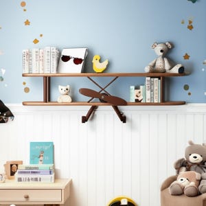 Airplane Wall Shelf - Toddler Wall Mounted Shelves - Hot Air Balloon Nursery Decor - Wooden Kids Floating Shelves -Hanging Nursery Bookshelf