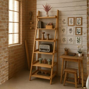 Può includere: Una libreria a scala in legno con più ripiani che espongono oggetti decorativi. Un tavolino e uno sgabello in legno sono accanto alla libreria. La stanza ha un muro di mattoni e una finestra. Una radio vintage è su uno dei ripiani.