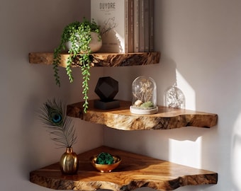 Solid Wood Live Edge Decorations Corner Wall Shelf -Corner Floating Wood Shelf -Live Edge Shelves Handcrafted Corner Shelf Mid-Century Decor