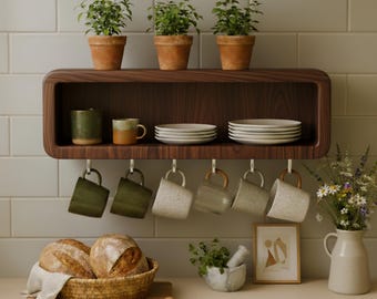 May include: A kitchen scene featuring a dark wood shelf with potted plants, mugs, and plates. Below, a basket of bread, a mortar and pestle, and a framed picture are displayed. A vase of flowers adds a touch of color.