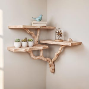 Puede incluir: Estantería de esquina de madera natural con diseño orgánico. Los estantes están sostenidos por una estructura similar a una rama. Exhiben pequeñas suculentas en macetas, un pájaro azul, libros y una campana de cristal con flores secas.