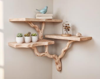 Natural Wood 3-Tier Corner Shelf - Rustic Branch Design - Handmade Floating Wooden Corner Unit - Live Edge Shelf - Multiple Width Options