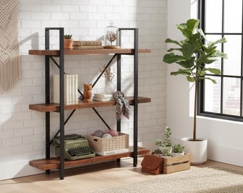 Estante de madeira maciça Etagere - Estante e estante moderna - Estante de fazenda - Timber X, Estante de madeira industrial com prateleiras de metal