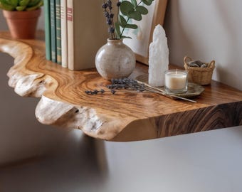 Live Edge Floating Wood Shelf – Rustic Wall Mount Solid Wood Slab - Handmade Natural Wood Shelf for Home, Bathroom, Bedroom or Kitchen Decor