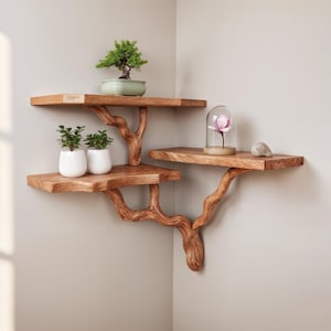 May include: Wooden corner shelves with a tree branch design. The shelves are stained brown and hold a bonsai tree, two small potted plants, a decorative flower under a glass dome, and a seashell. The shelves are mounted on a neutral-coloured wall.