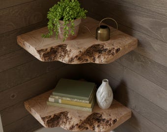 Solid Wood Live Edge Decorations Corner Wall Shelf -Corner Floating Wood Shelf -Live Edge Shelves Handcrafted Corner Shelf Mid-Century Decor