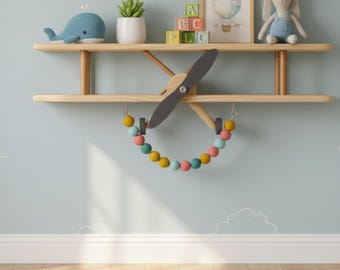 Airplane Wall Shelf - Toddler Wall Mounted Shelves - Hot Air Balloon Nursery Decor - Wooden Kids Floating Shelves -Hanging Nursery Bookshelf