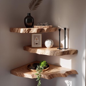 Massivholz Live Edge Natürliches Eckwandregal -Ecke schwebendes Holzregal -Live Edge Regale Handgefertigtes Eckregal Mid-Century Decor