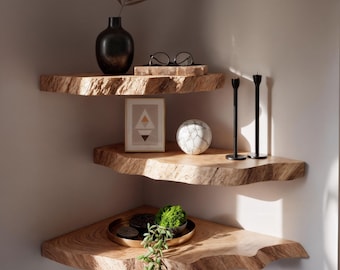 Solid Wood Live Edge Natural Corner Wall Shelf -Corner Floating Wood Shelf -Live Edge Shelves Handcrafted Corner Shelf Mid-Century Decor