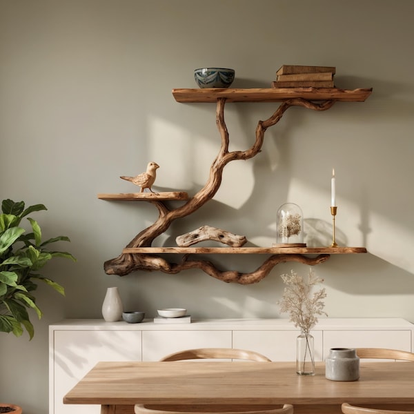 Natural Driftwood Branch Floating Shelf - Wall Mounted Tree Shelf - Solid Wood Bookshelves - Live Edge Handmade Furniture Tree Shelves