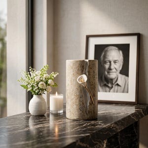 Op de afbeelding: Een cilindrische stenen urn met een gespikkelde beige en bruine afwerking, voorzien van een verticale textuurgroef en een enkele gebeeldhouwde witte calla-lelie met een gouden steel aan de voorzijde van de urn.