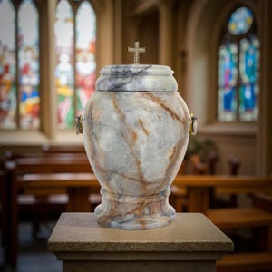Botticino Marmor Urne: Große Steinurne mit Vergoldeten Kreuz