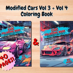 Puede incluir: Se muestran dos libros para colorear titulados "Modified Cars Vol 3" y "Modified Cars Vol 4". Las portadas presentan ilustraciones de coches deportivos. El primer libro tiene 40 páginas y el segundo 20 páginas. El texto "Cars Coloring Book" es visible.