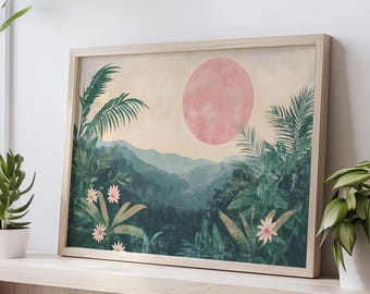 Tropical Sunset Landscape Art Print: Lush Greenery Botanical Wall Decor