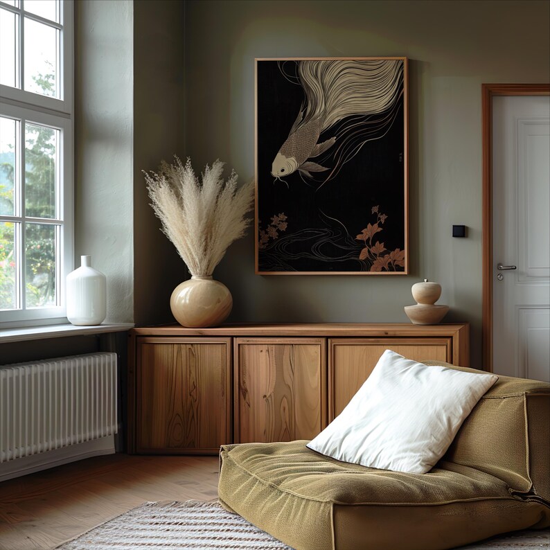 Japanese Koi Fish Art - Serene Oriental Wall Décor, Abstract Fish Painting on Canvas, Modern Minimalist Art, Sustainable Framed Artwork
