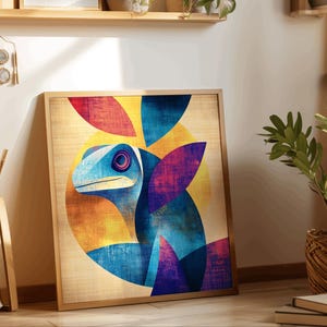 Iguana geometrica astratta – Arte murale colorata e vibrante, arredamento moderno per la casa, arte murale minimalista, carta di qualità pregiata