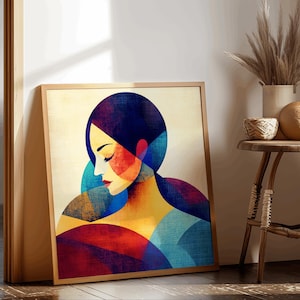 Ritratto di donna geometrica astratta – Arte murale colorata e vibrante, arredamento moderno per la casa, carta di qualità pregiata