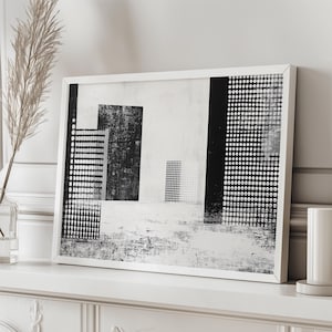 Arte astratta in bianco e nero del paesaggio urbano – Stampa artistica minimalista, decorazione architettonica ad alto contrasto