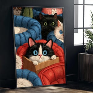 Speelse kattenillustratie op kunstprint met knusse kattenmandjes (ingelijst)