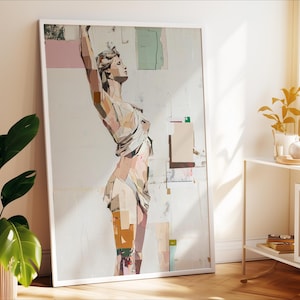 May include: A collage art print featuring a woman's figure in a white dress, with a textured background of various colours and patterns.