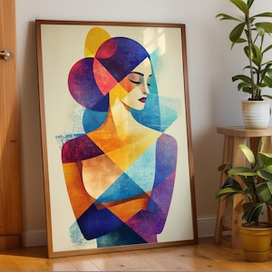 Ritratto di donna geometrica astratta – Arte murale colorata e vibrante, arredamento moderno per la casa, carta di qualità pregiata