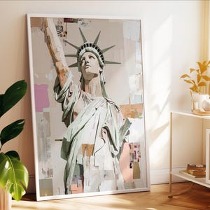 Statua della Libertà Collage Art - Arte murale minimalista di New York, pittura di libertà e libertà, decorazioni da viaggio di New York - Stampa fine moderna con tecnica mista
