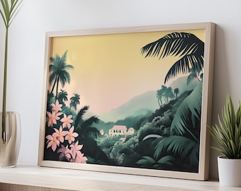 Impresión artística de selva tropical pastel: pintura minimalista de ladera