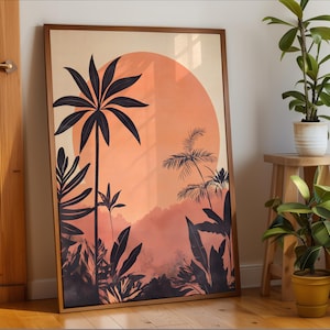 Tropical Sunset Silhouette Art - Abstract Jungle Landscape Print, Warm Tones Minimalist Wall Decor, Sunset Artwork - Framed Premium Print