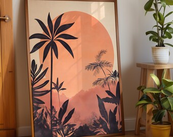 Tropical Sunset Print: Abstract Jungle Silhouette, Warm Tones Framed Wall Art