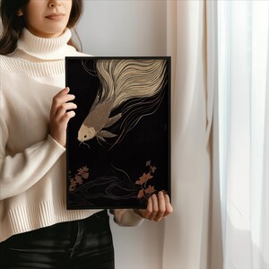 Japanese Koi Fish Art - Serene Oriental Wall Décor, Abstract Fish Painting on Canvas, Modern Minimalist Art, Sustainable Framed Artwork