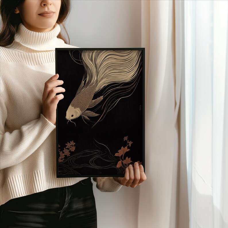 Japanese Koi Fish Art - Serene Oriental Wall Décor, Abstract Fish Painting on Canvas, Modern Minimalist Art, Sustainable Framed Artwork
