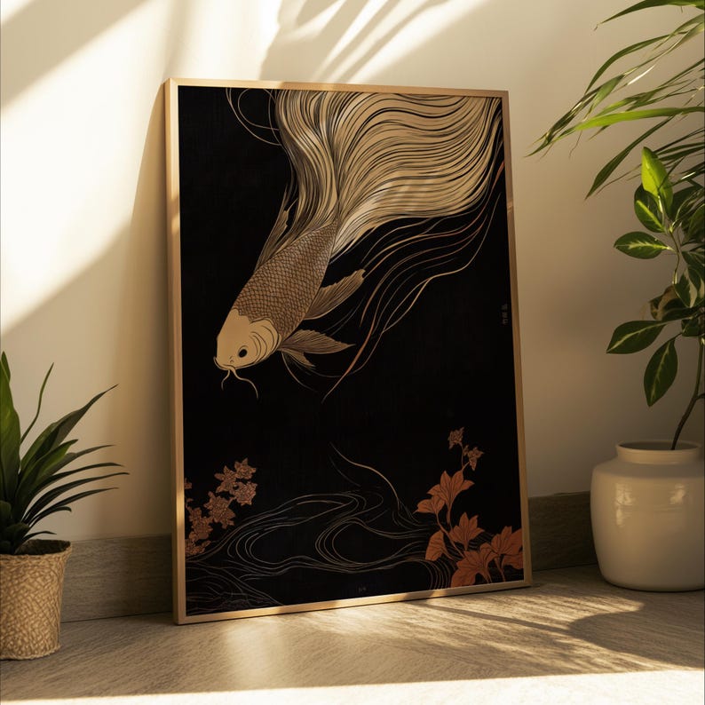 Japanese Koi Fish Art - Serene Oriental Wall Décor, Abstract Fish Painting on Canvas, Modern Minimalist Art, Sustainable Framed Artwork